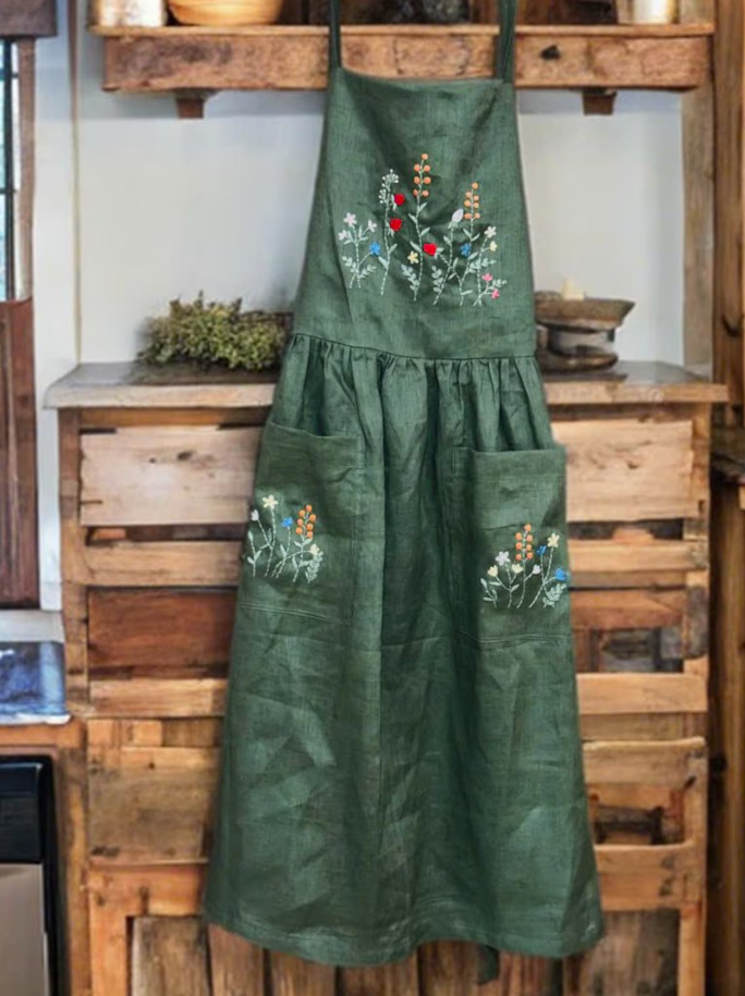 EmbroideryNTA - Venta al por mayor Delantales - Delantal de lino bordado a mano con estilo vintage y flores silvestres2