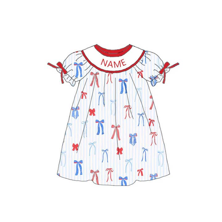 Auraquise - Wholesale Dress Set - Baby - Girls July 4th Red Blue Bow Smocked Custom Name Dress And Romper