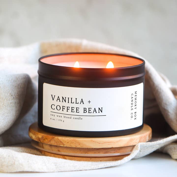 Vanilla + Coffee Bean - 6 oz. Matte Black Soy Candle Tin for wholesale by Memory Box Candle Co.
