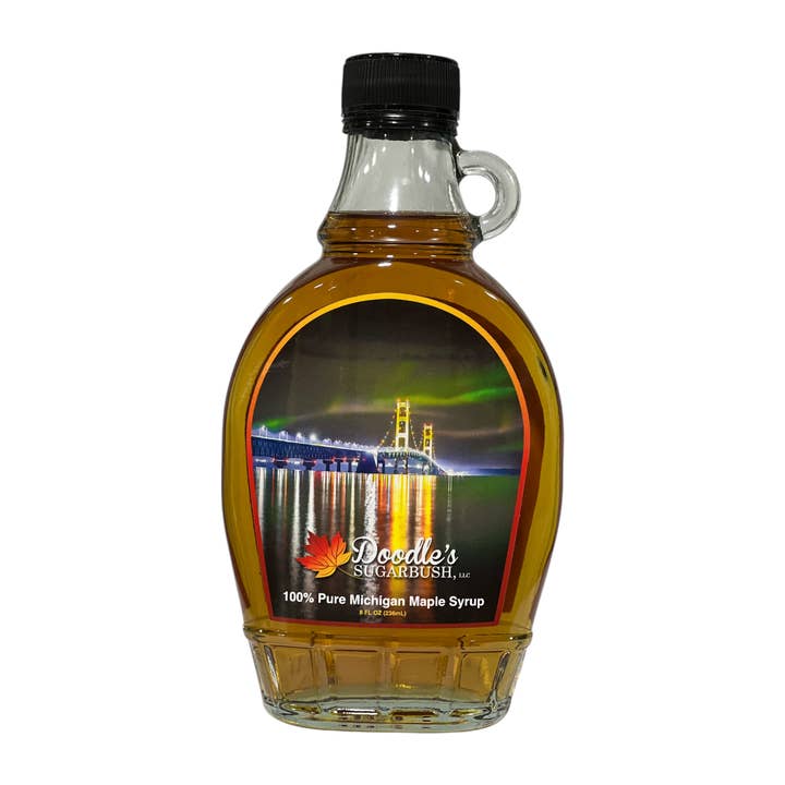 Northern Lights/Mack Bridge Decor Scene Maple Syrup - 8oz gl for wholesale by Doodle's Sugarbush, LLC - Pure Michigan Maple Syrup