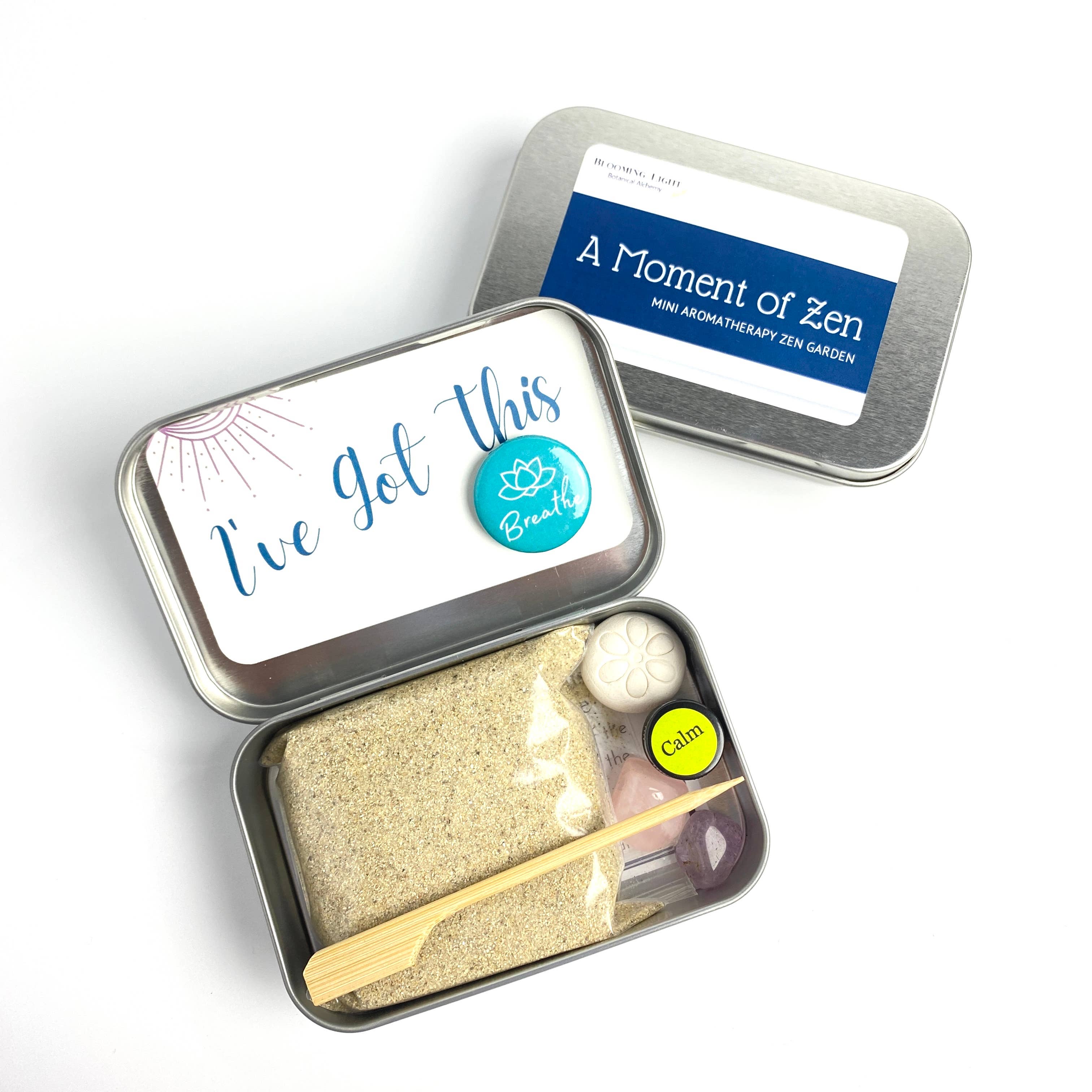 Blooming Light Botanical Alchemy, llc - Wholesale Meditation Supplies - A Moment of Zen Kit, a miniature aromatherapy zen garden kit1