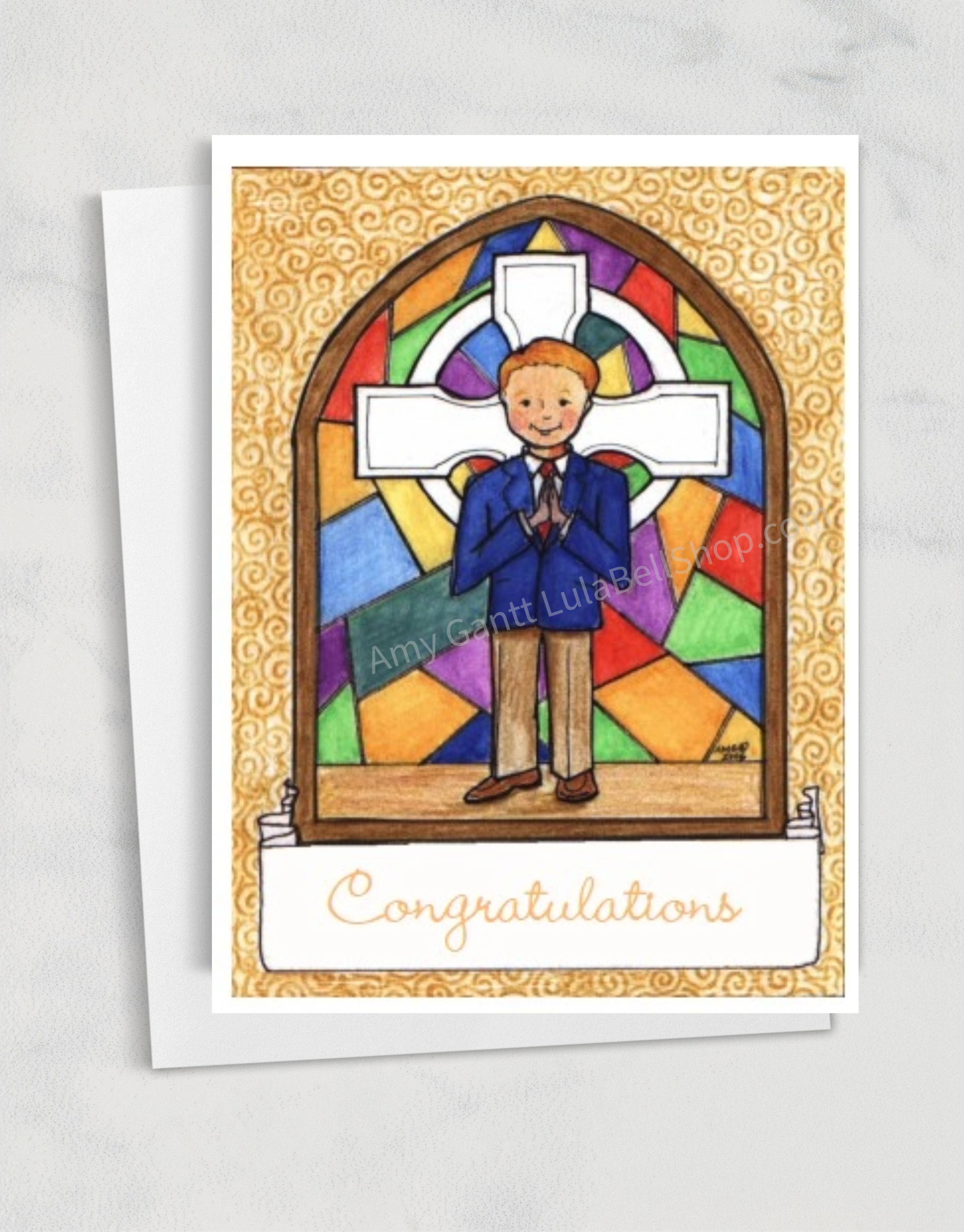Lula Bell Cards and Gifts - Wholesale Confirmation & Communion Card - First Communion - First Communion Red Headed Boy Card