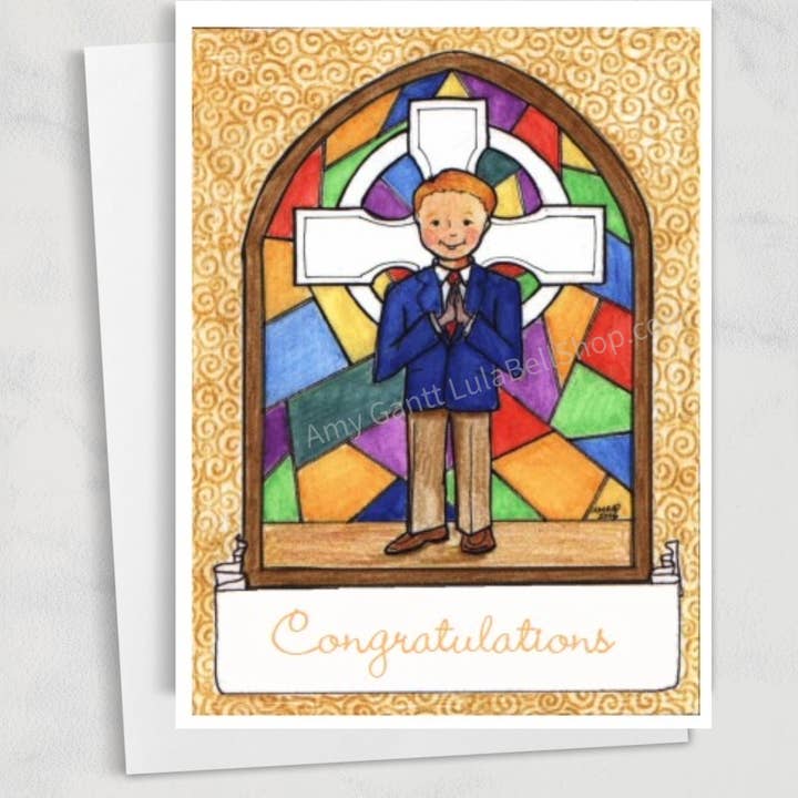 Lula Bell Cards and Gifts - Wholesale Confirmation & Communion Card - First Communion - First Communion Red Headed Boy Card0