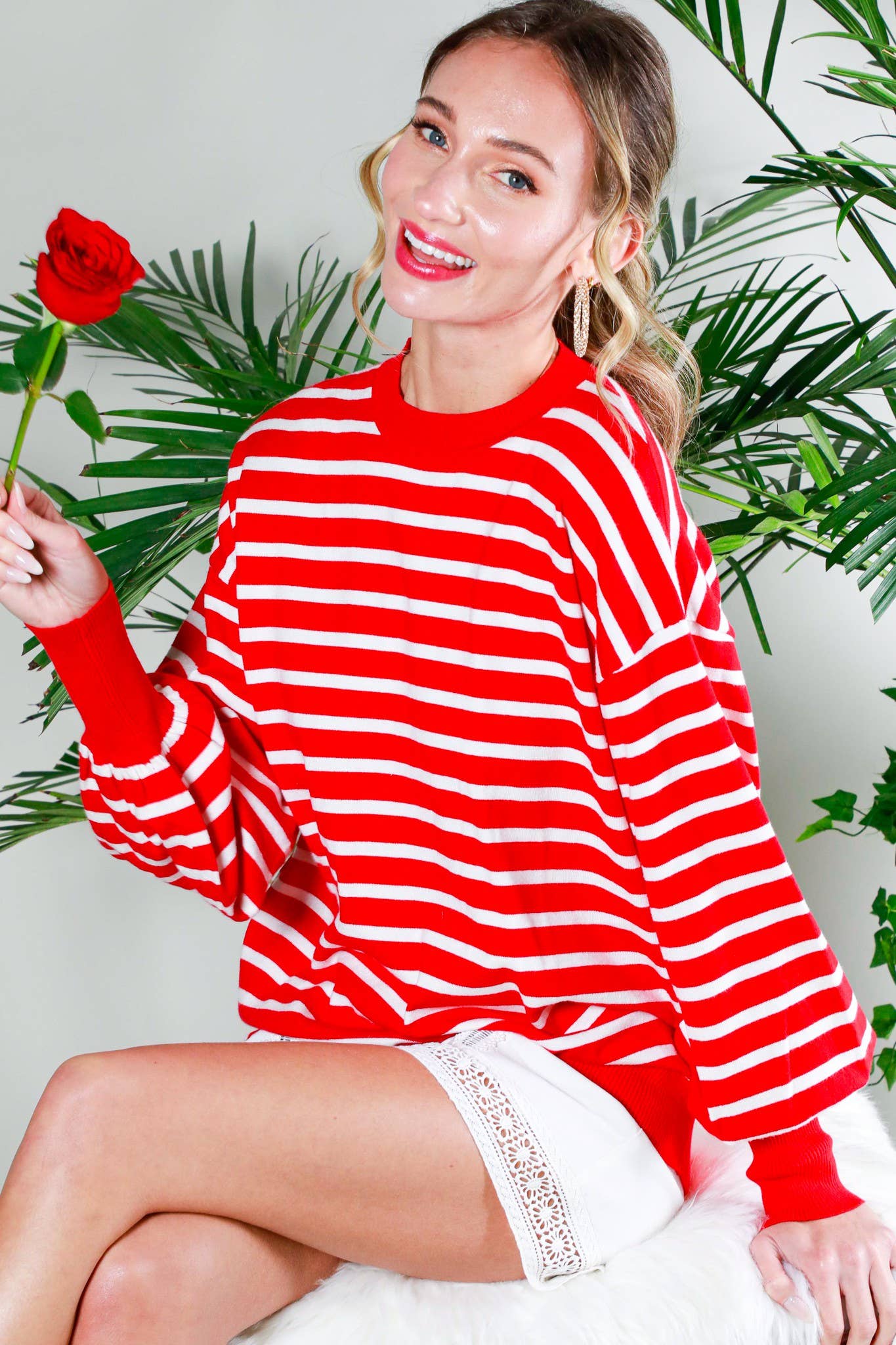 Vine & Love - Wholesale Knit Sweater - Women's - Striped Long Balloon Sleeve Knitted Sweater Top VT60387D28
