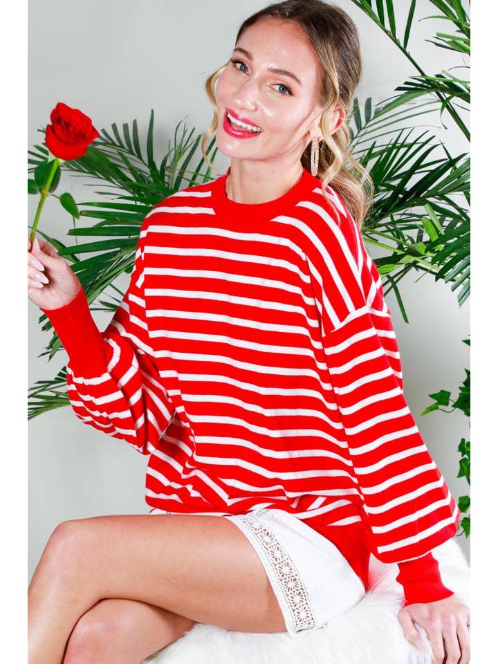 Vine & Love - Wholesale Knit Sweater - Women's - Striped Long Balloon Sleeve Knitted Sweater Top VT60387D28