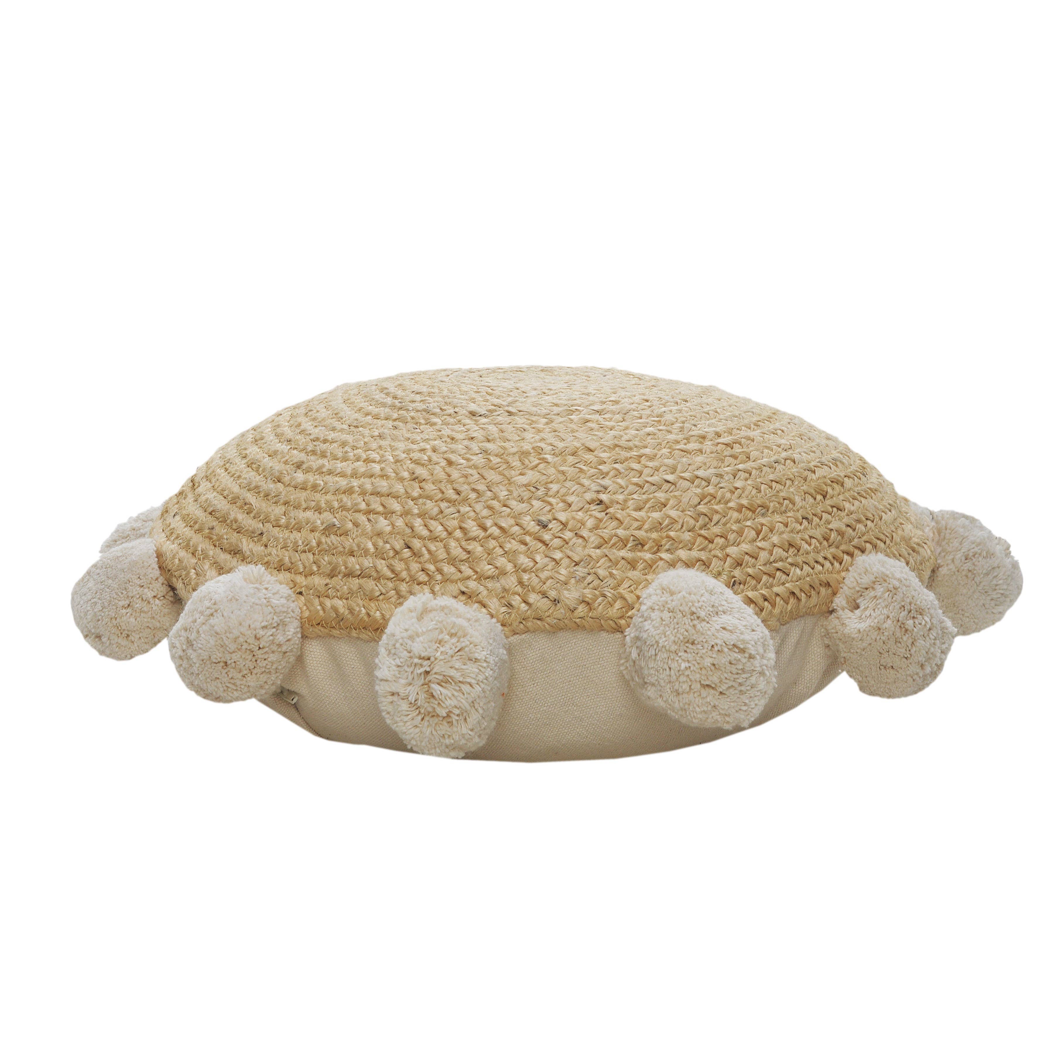 Tan Jute Accent Pillow with Pom-Pom Edging – Square or Round for wholesale on Faire8