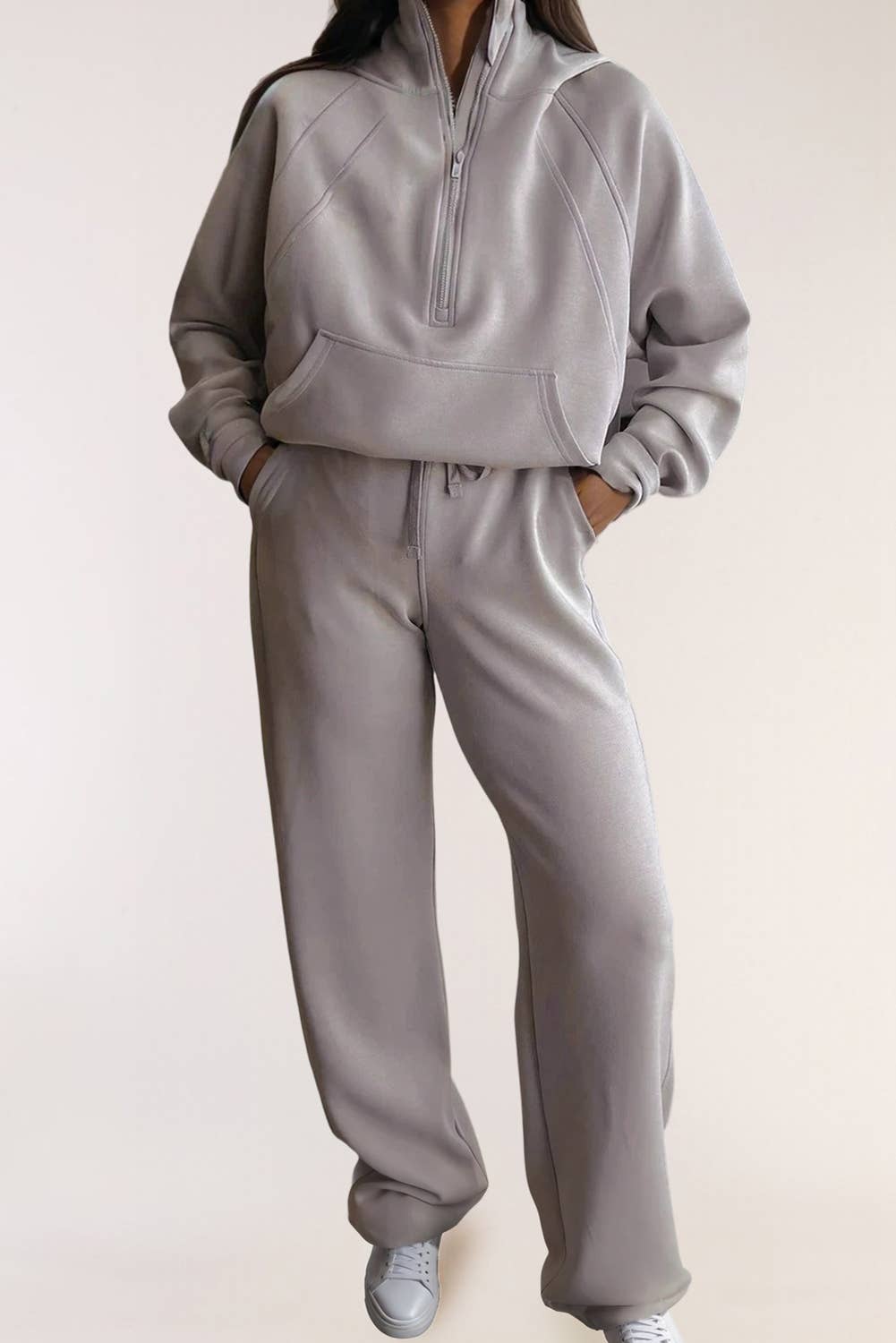 LA Society - Vente Ensemble de sport – femme - Ensemble 2 pièces : Sweat à capuche demi-zippé avec manches à passe-pouce et pantalon actif2