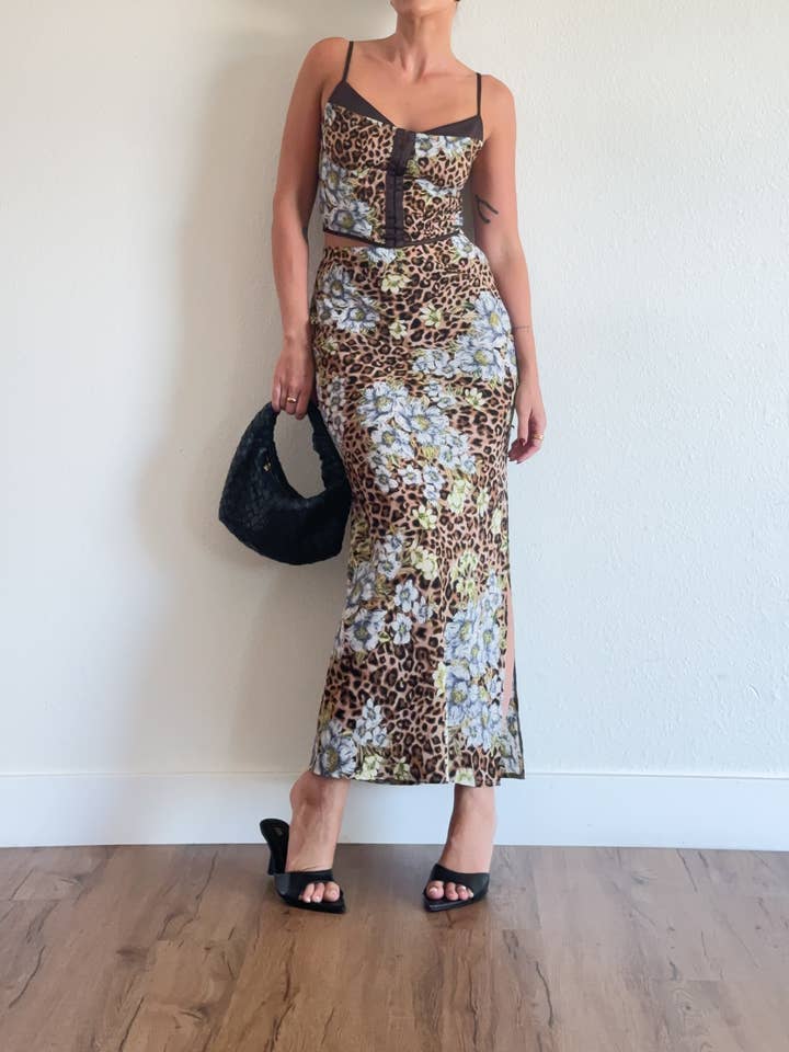 ACOA COLLECTION - Wholesale Top & Skirt Set - Women's - LEOPARD CORSET TOP AND MAXI SKIRT SET1