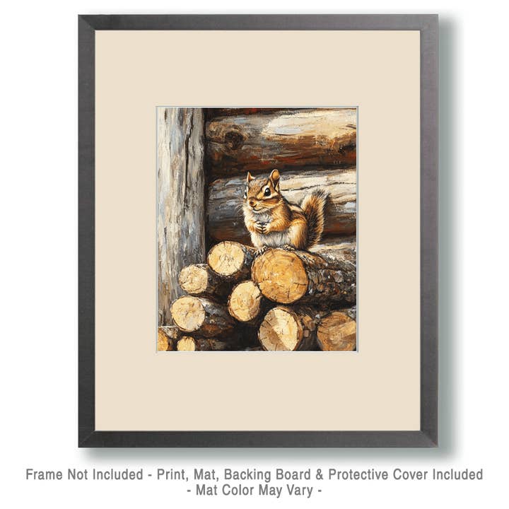 Mowbi - Wholesale Art Print - Chipmunk on Woodpile - Log Cabin Companions Wall Art Prints – 8″x10″ Artwork for 11″x14″ Frame