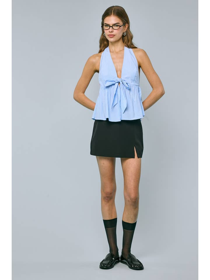 Sky to Moon - Wholesale Tank Top - Women's - STRIPE PRINT HALTER FRONT TIE OPEN BACK RUFFLE TOP