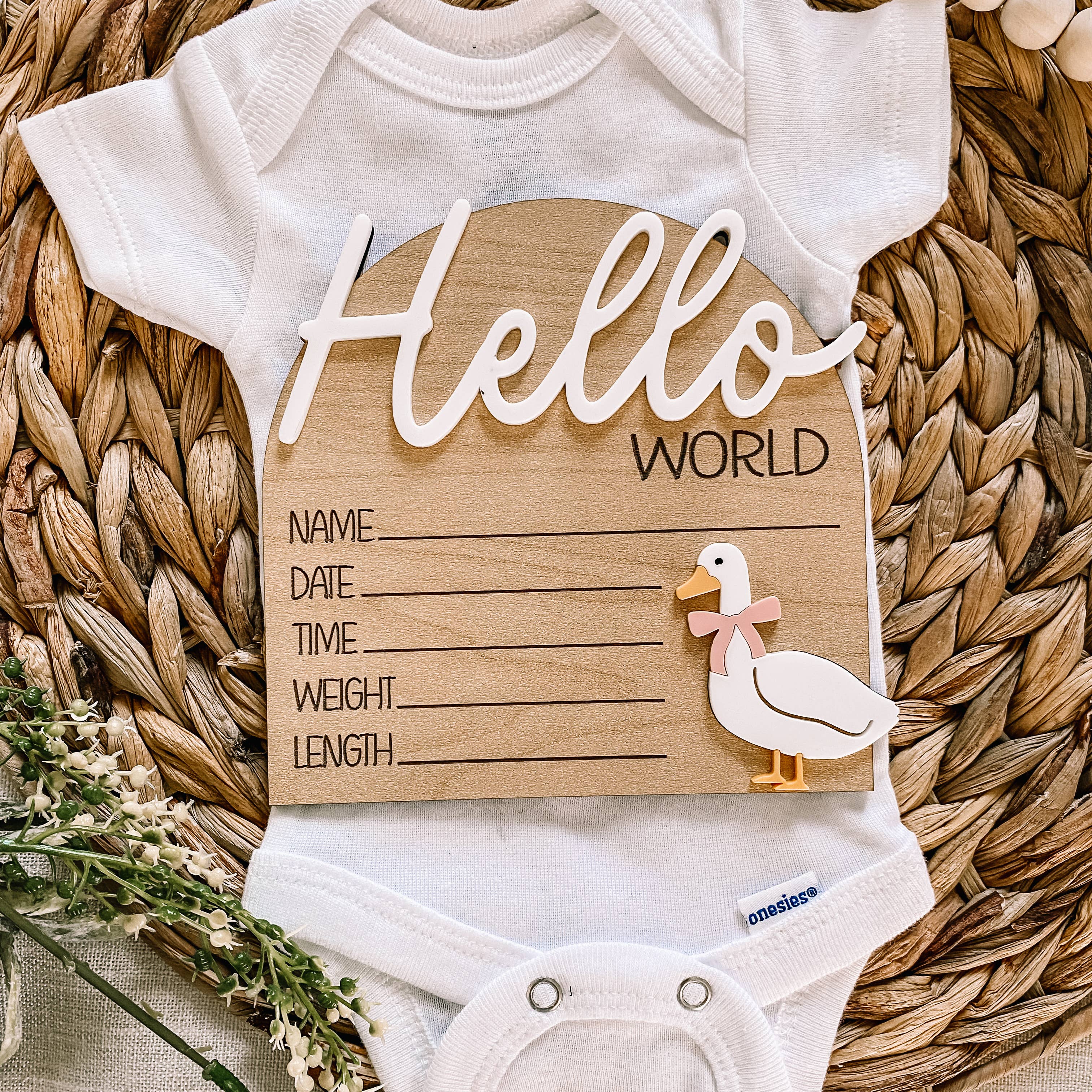 Claire and Bella - Wholesale Milestone Art/Keepsake - Kids & Baby - Hello World Birth Stat Sign - Goose with Bow2