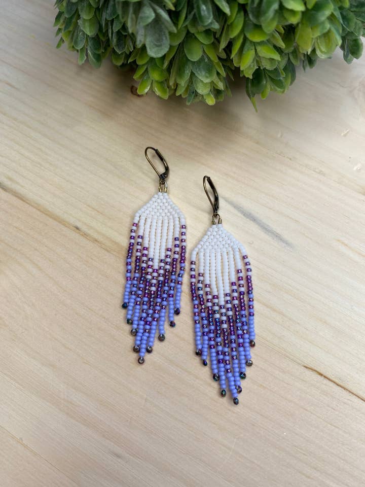 Purple and White Boho Fringe Earrings for wholesale by Hazel Earth Design