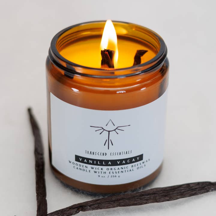 "Vanilla Vacay" Organic Beeswax Candle for wholesale by Transcend Essentials
