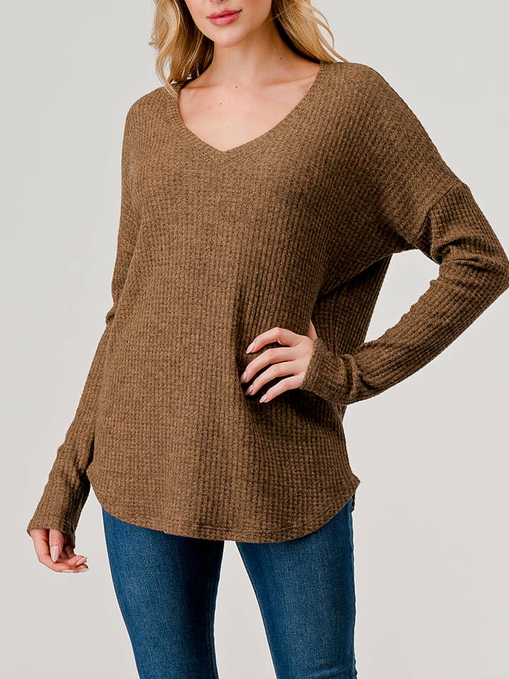 V-neck Long Sleeve Waffle Brushed Knit Top, T421 for wholesale by Heimious