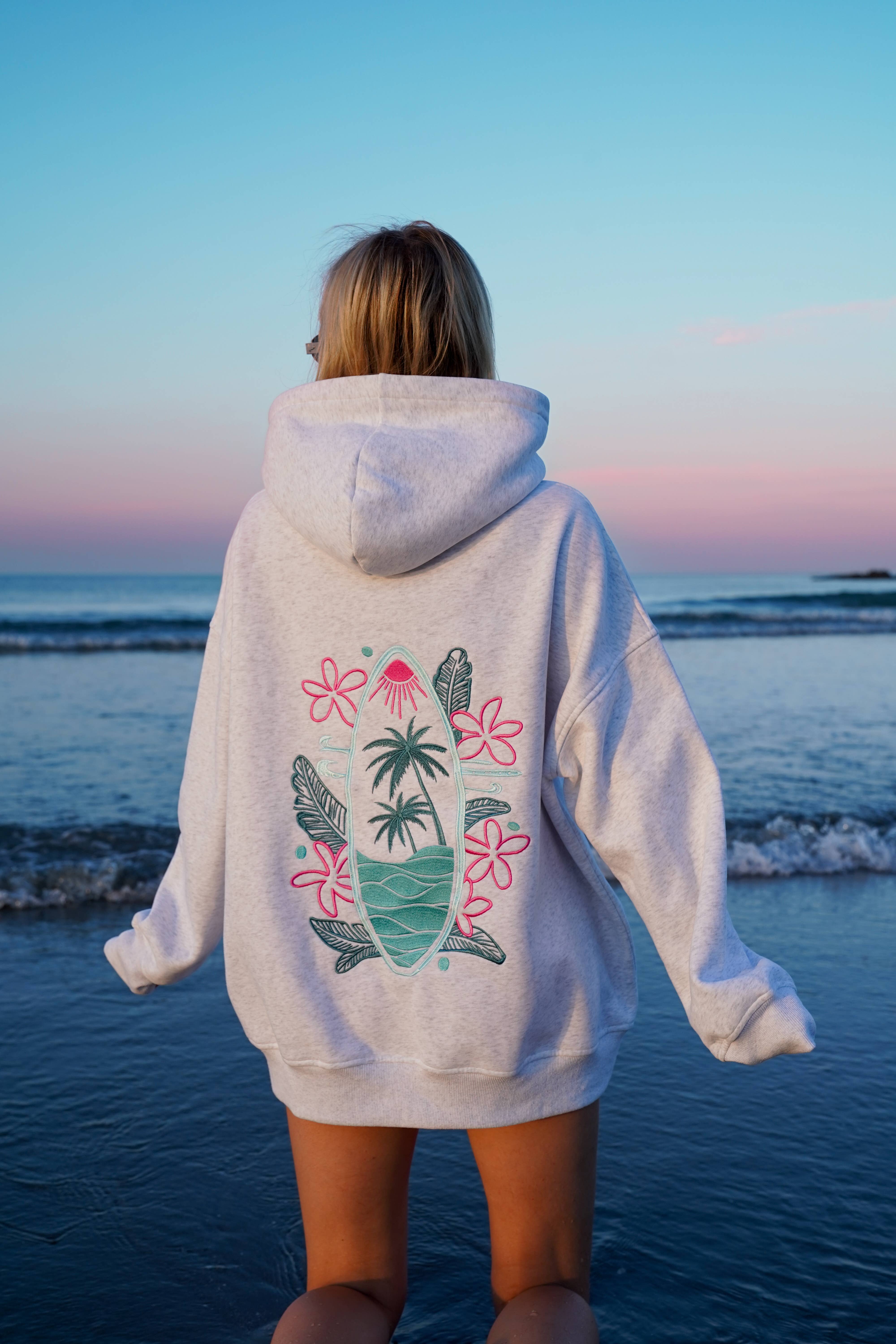 Pearl Grey Surfing The Waves Embroider Hoodie for wholesale on Faire13