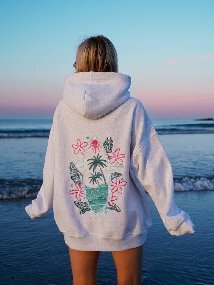 Pearl Grey Surfing The Waves Embroider Hoodie for wholesale on Faire13