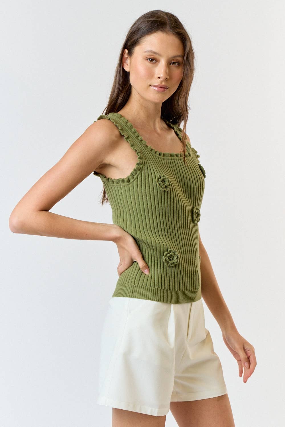 Lalavon - Wholesale Knit Top - Women's - ILT3740 3D Crochet Flower And Ruffled Hem Knit Tank Top 7
