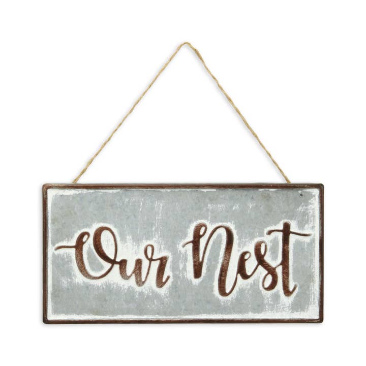 Eulalia Metal Rustic Hanging Wall Sign - "Our Nest" for wholesale by Cheungs Home Decor