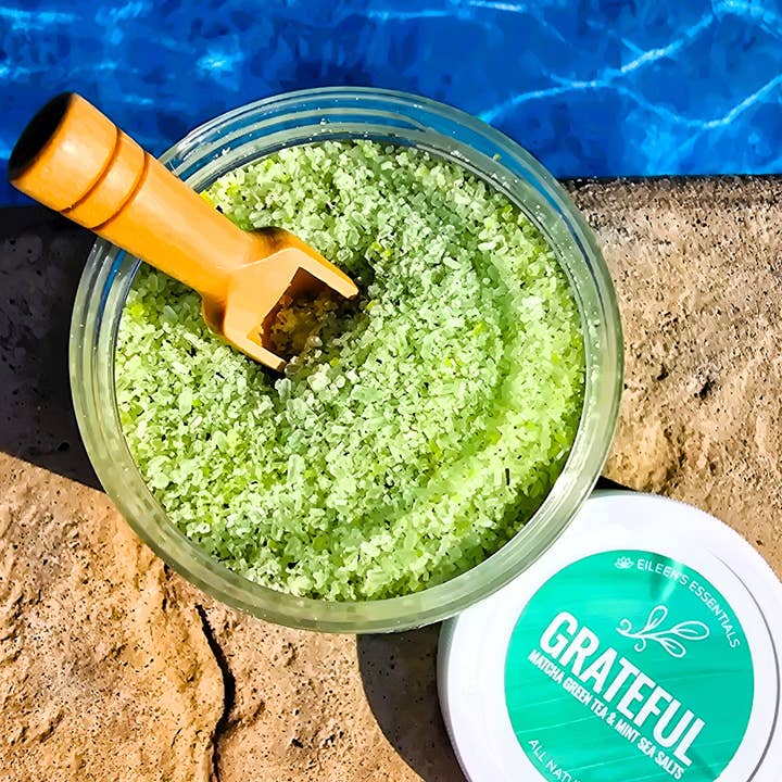 Sea Salts; GRATEFUL (Matcha Green Tea & Mint); 16 oz for wholesale by Eileen's Essentials, llc