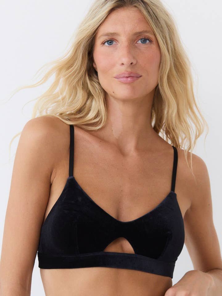 Black velvet cutout triangle for wholesale by Esquisse Lingerie