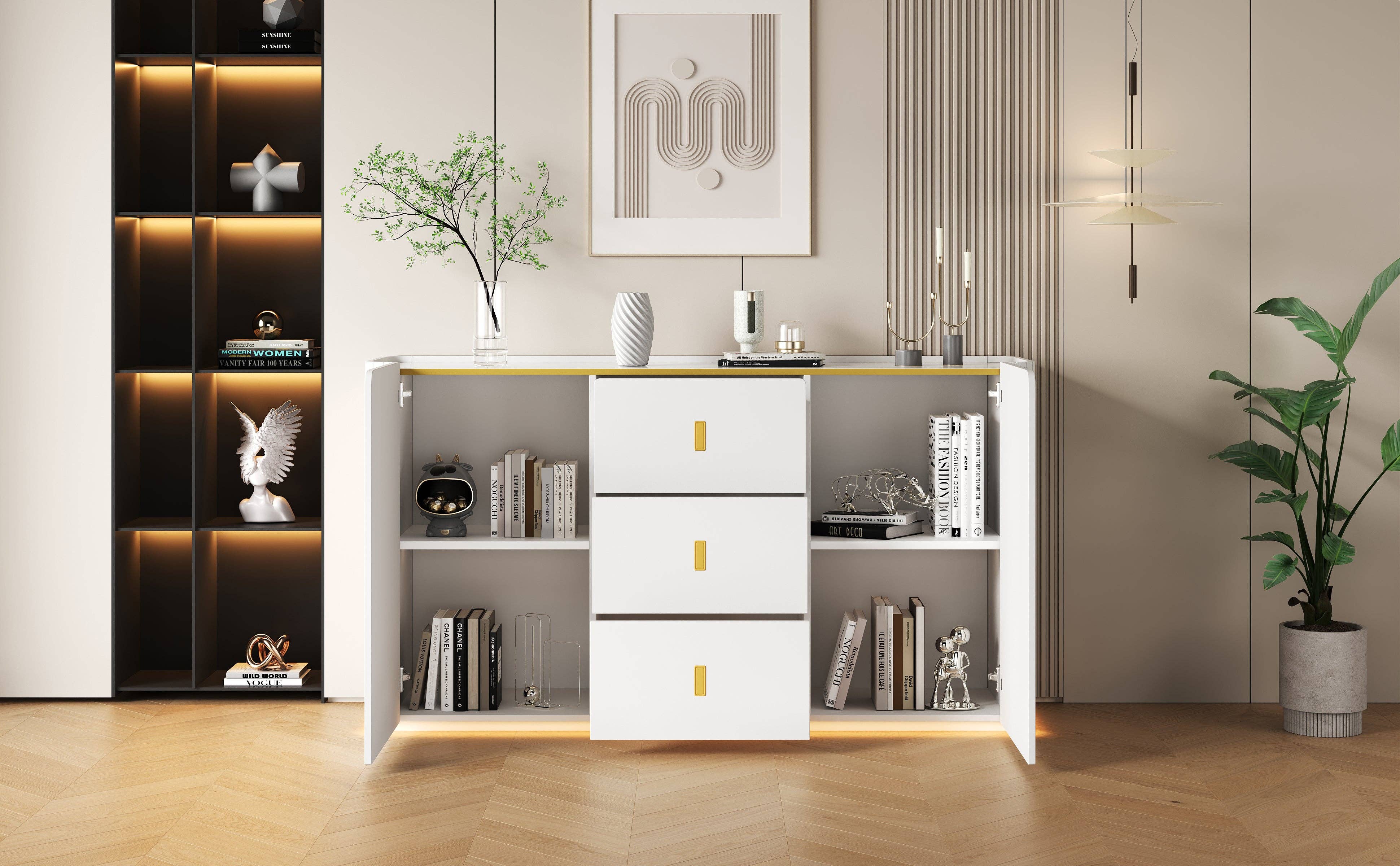 Urban Meuble – Aparador por atacado – Buffet branco elegante 2 portas, 2 gavetas com iluminação LED 150*35*80cm KRAUDREL61