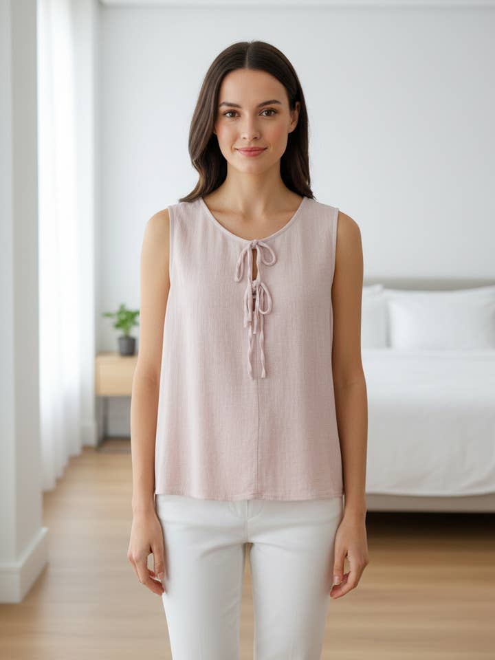 Ærmeløs top i hør-bomuld med 2 knuder 15847 for engroshandel hos Shyloh