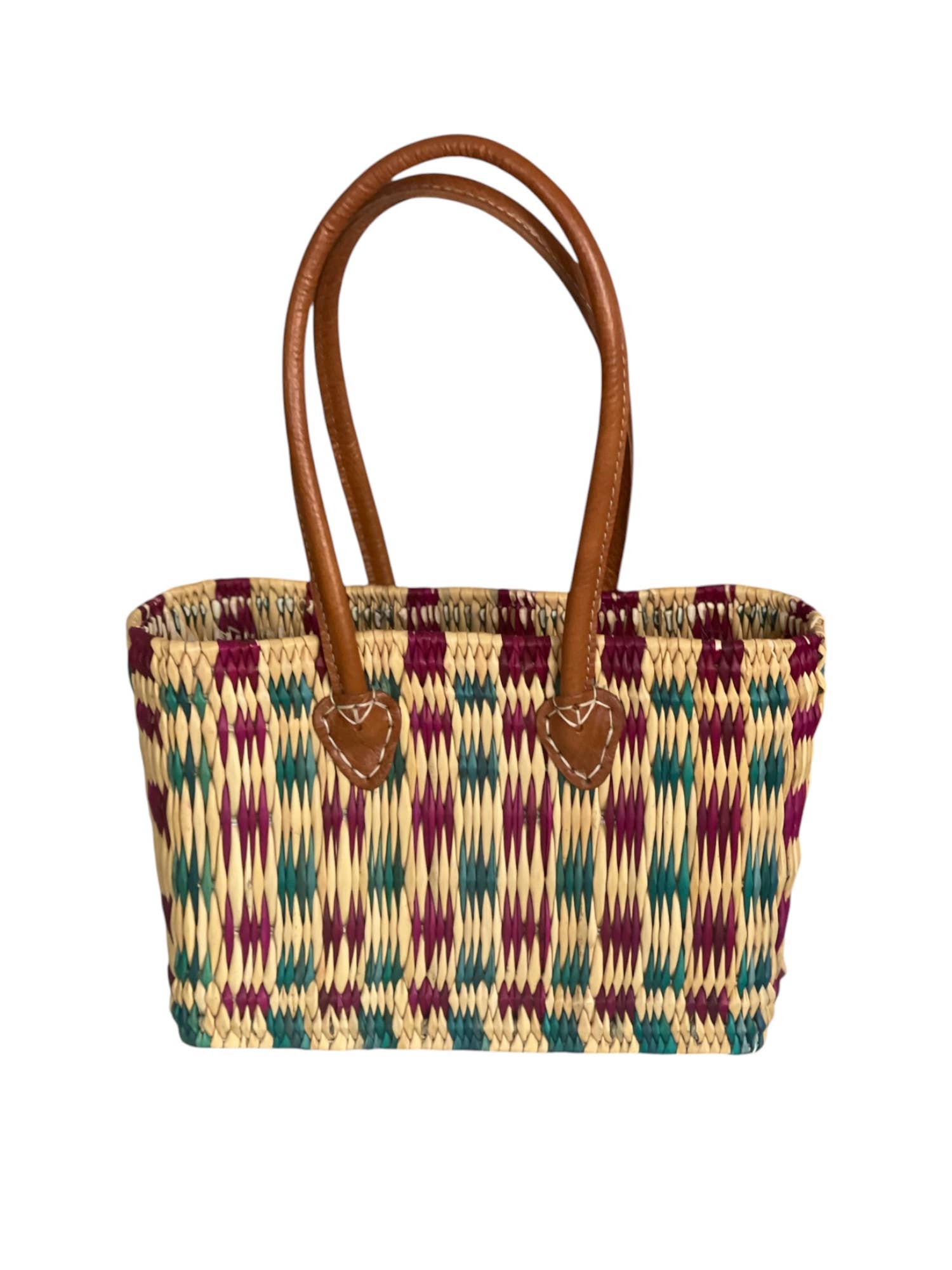 HandHappiness – Großhandel Lebensmittel-/Einkaufstasche – Handgefertigter gewebter Einkaufskorb aus Binsen - Grün & Lila - 36