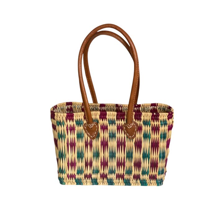 HandHappiness – Großhandel Lebensmittel-/Einkaufstasche – Handgefertigter gewebter Einkaufskorb aus Binsen - Grün & Lila - 36