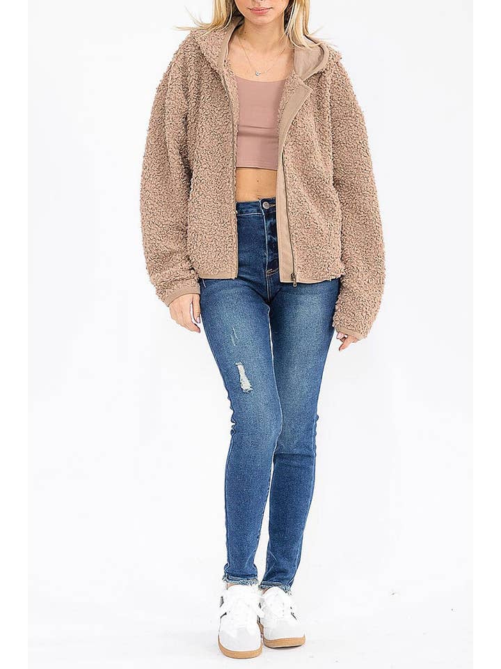 ROUSSEAU - Wholesale Jacket - Women's - SOLID SHERPA HOODED ZIP UP POCKET FRONT JACKET20