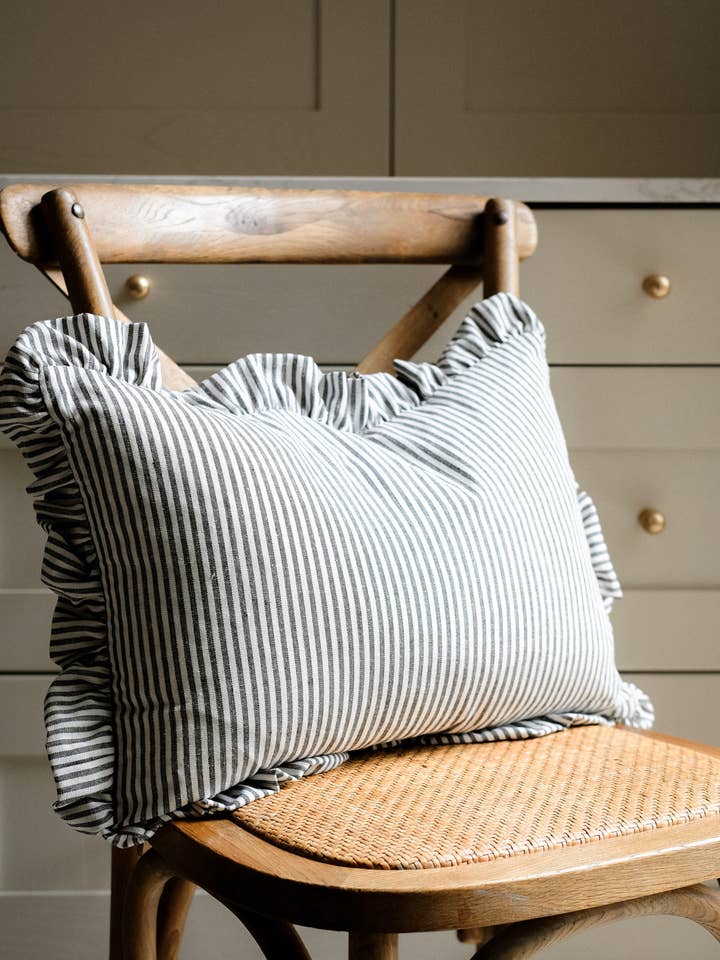 Ruffle Cushion in Black and White Stripe - Lumbar for wholesale by Hudson Home