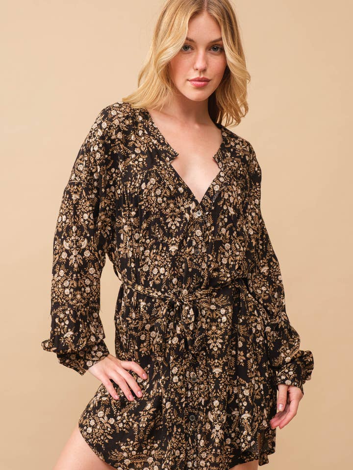 34291D-Rayon Crinkle Ditsy Floral Raw Edge Shirt Dress for wholesale by Blue B