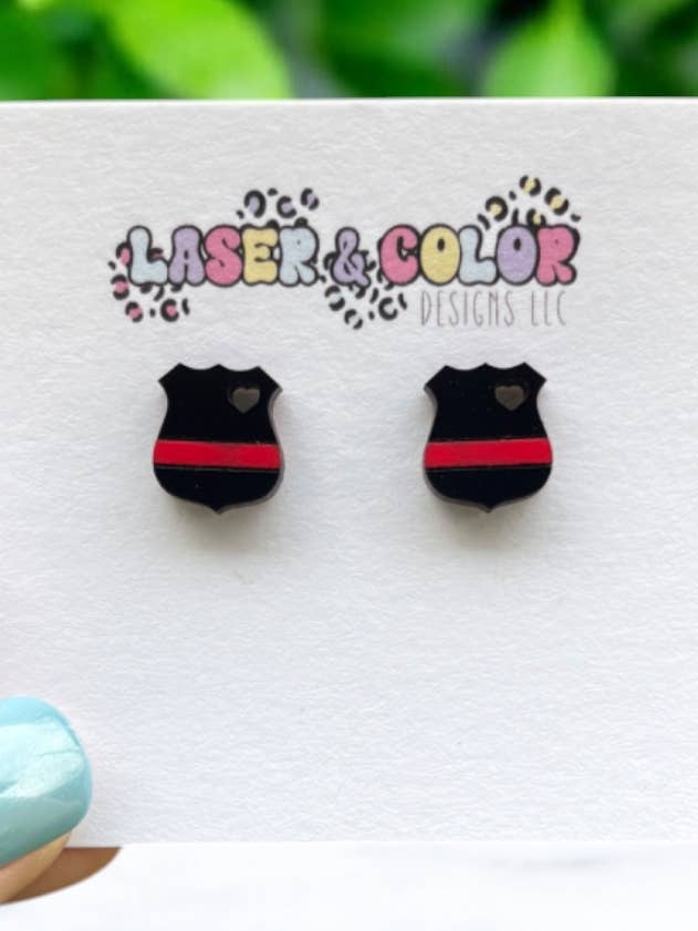 Thin Red Line Earrings, Firefighter Earrings, Badge Earrings for wholesale by Laser & Color Designs LLC