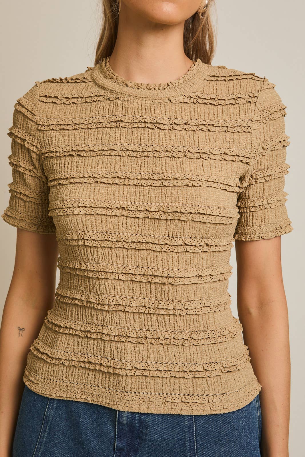 GILLI - Wholesale Blouse - Women's - STRIPE LACE MOCK NECK HALF SLEEVE LACE TOP5