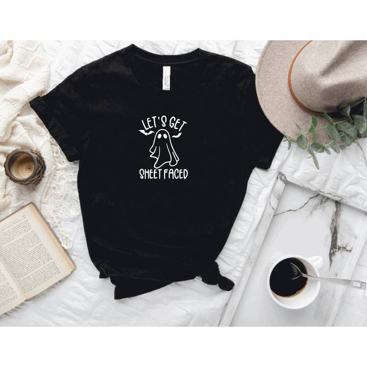 Lets Get Sheet Faced T-Shirt, Boozy Halloween tee for women for wholesale by Hunter Kouture