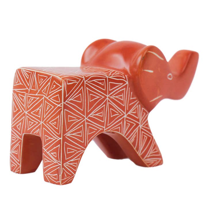 Global Crafts - Wholesale Decorative Figurine - Large Soapstone Happy Elephant 4.5 inches - Orange3