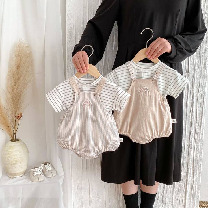 Summer Hot Selling Baby Kids Unisex Sleeveless Rainbow Embroidered Strap Overalls and Striped T-Shirt Clothing Set for wholesale by MyKids-USA®