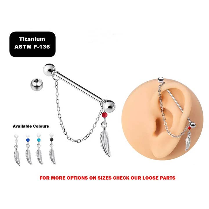 Titanium- Industrial Barbell Earrings & Silver Feather Charm for wholesale by Bodytrend