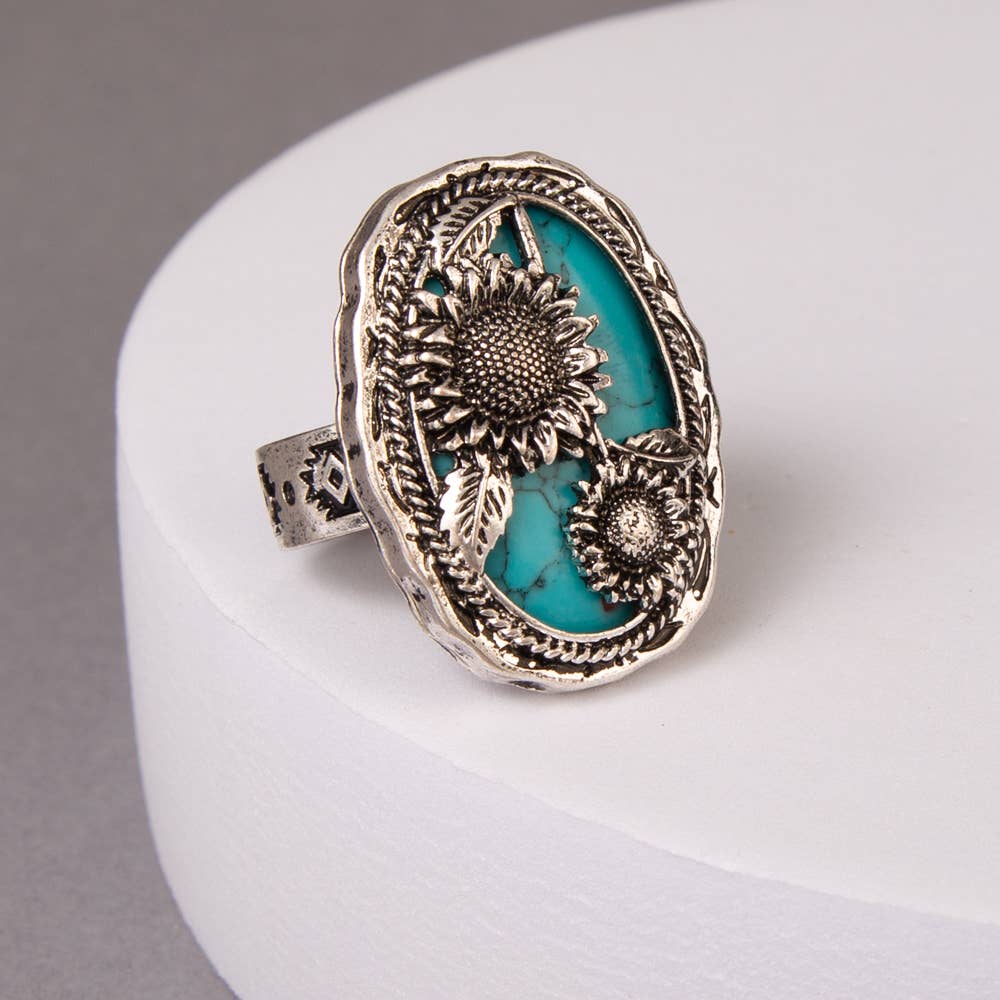 SP Sophia Collection - Wholesale Cocktail/Statement Ring - Western Turquoise Sunflower Oval Stretch Ring0