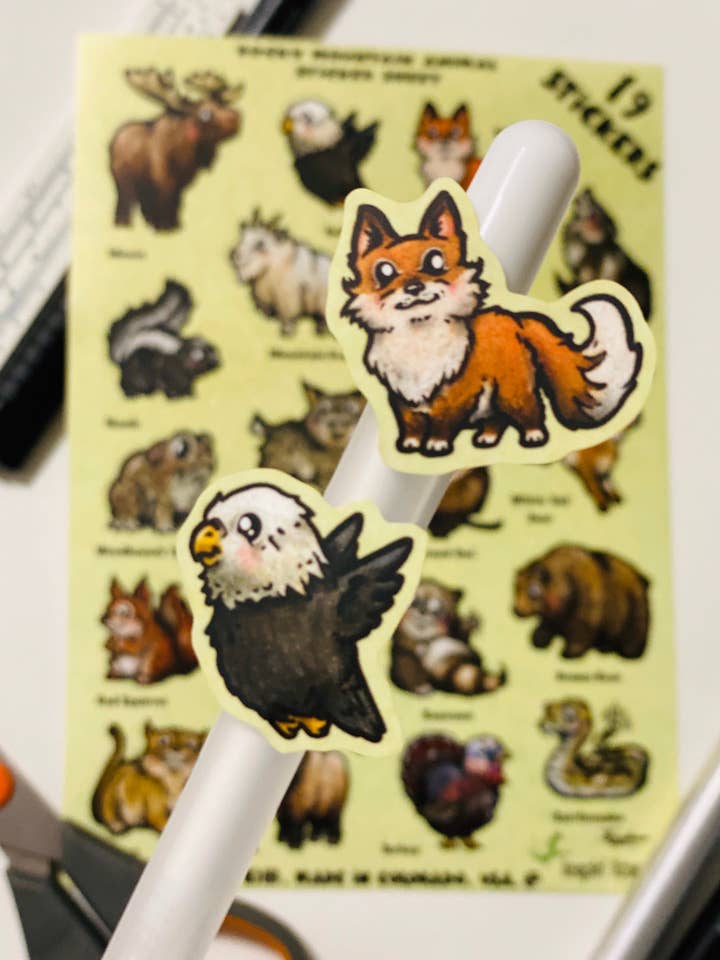 Rocky Mountain Animal Sticker Sheet! 19 Waterproof Stickers for wholesale by Guerdrum Art