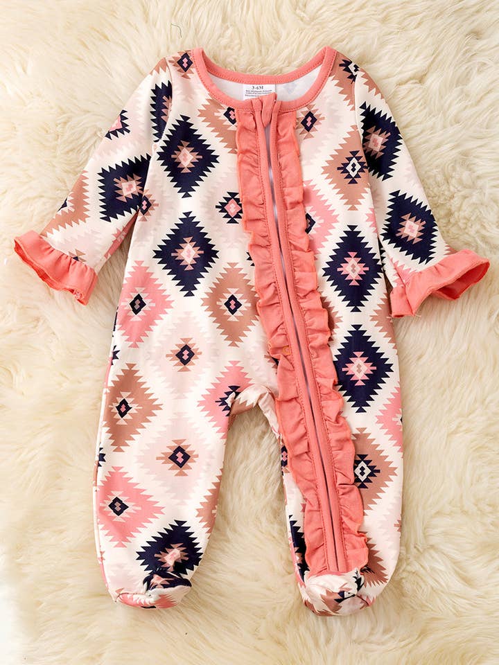 Pink aztec printed baby onesie with ruffle trim. RPG53246 SOL for wholesale by Kids Charm Online