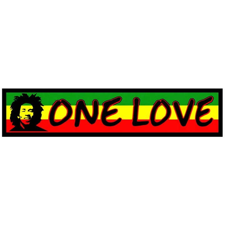 Autocollant Un seul amour. Bob Marley. Taille réelle : 9 x 2 pouces, couleur rasta pour la vente par VisionWorks LLC