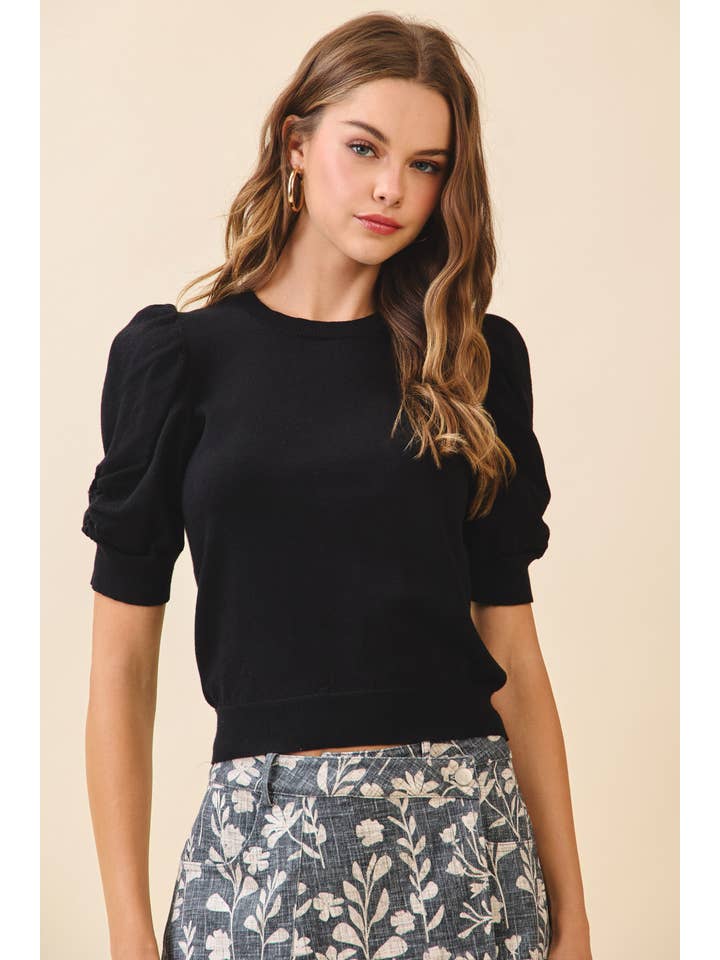 Black CT9483-Edge Ribbed Trims Puffed Sleeves Knit Top for wholesale on Faire1