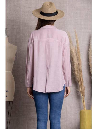 MAUVE COLLAR BUTTON DOWN CUFF LONG SLEEVE TOP-VE60043 for wholesale on Faire