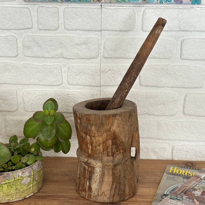 Rustic Remnents - Wholesale Mortar & Pestle - Antique Wood Mortar and Pestle, Large Heavy Solid Mortar
