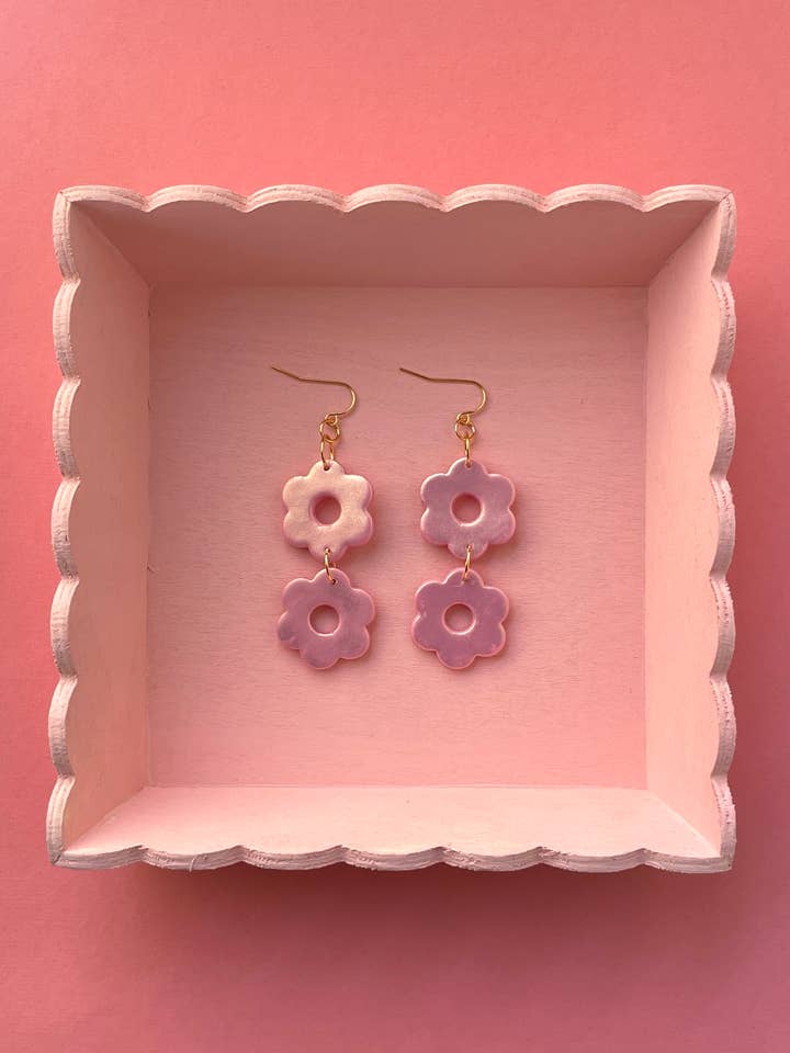 pink metallic holographic flower polymer clay statement earrings for wholesale by Sunblind Fine Art + Wearables