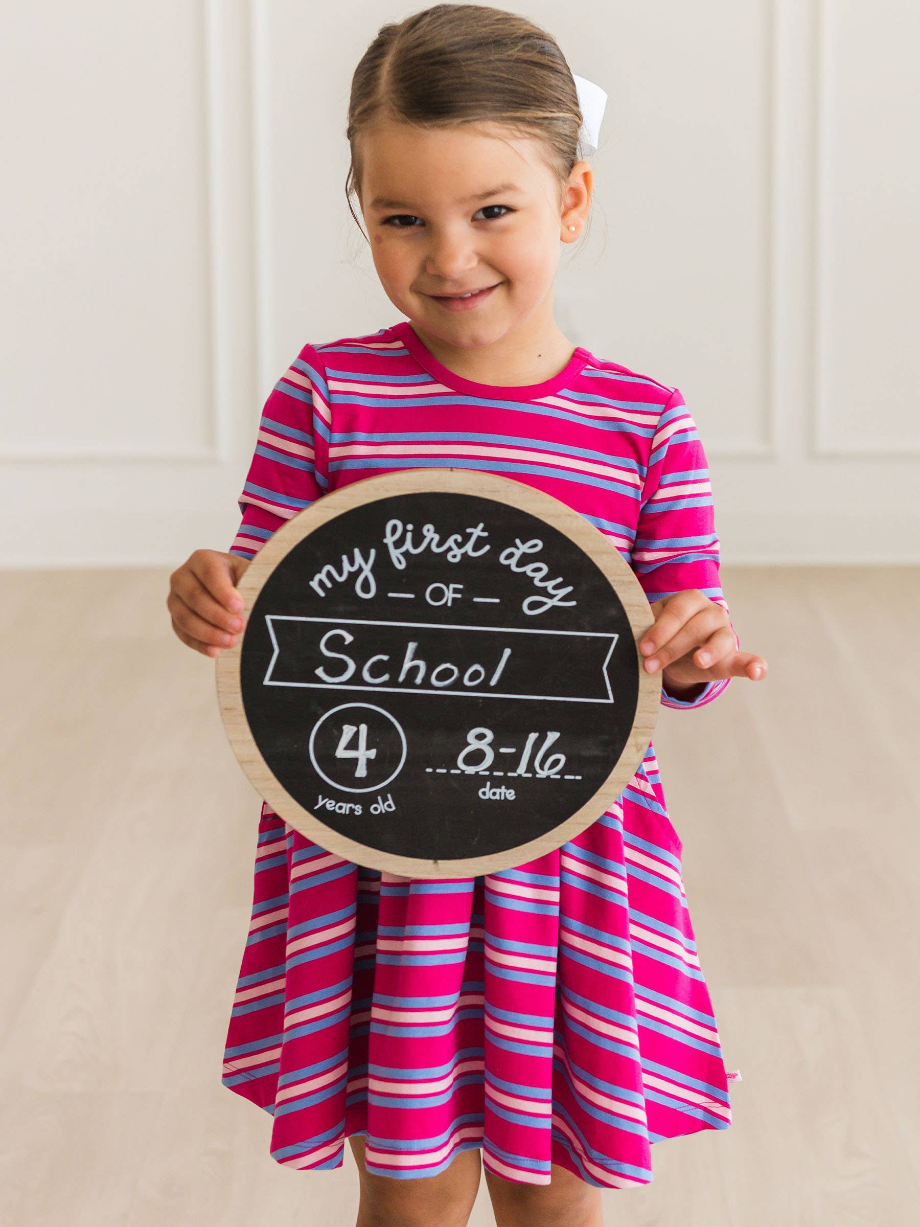Pink Girls Very Berry & Periwinkle Blue Stripe Knit Long Sleeve Twirl Dress for wholesale on Faire7