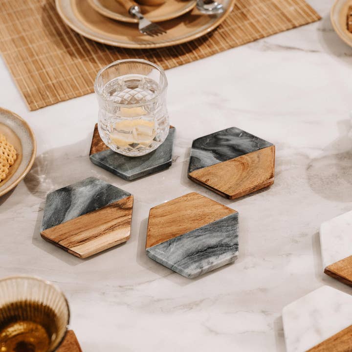 LuxeDesigns Co LLC - Wholesale Coasters - Artisan Marble and Wood Hexagon Coaster Set of 4 - Black3