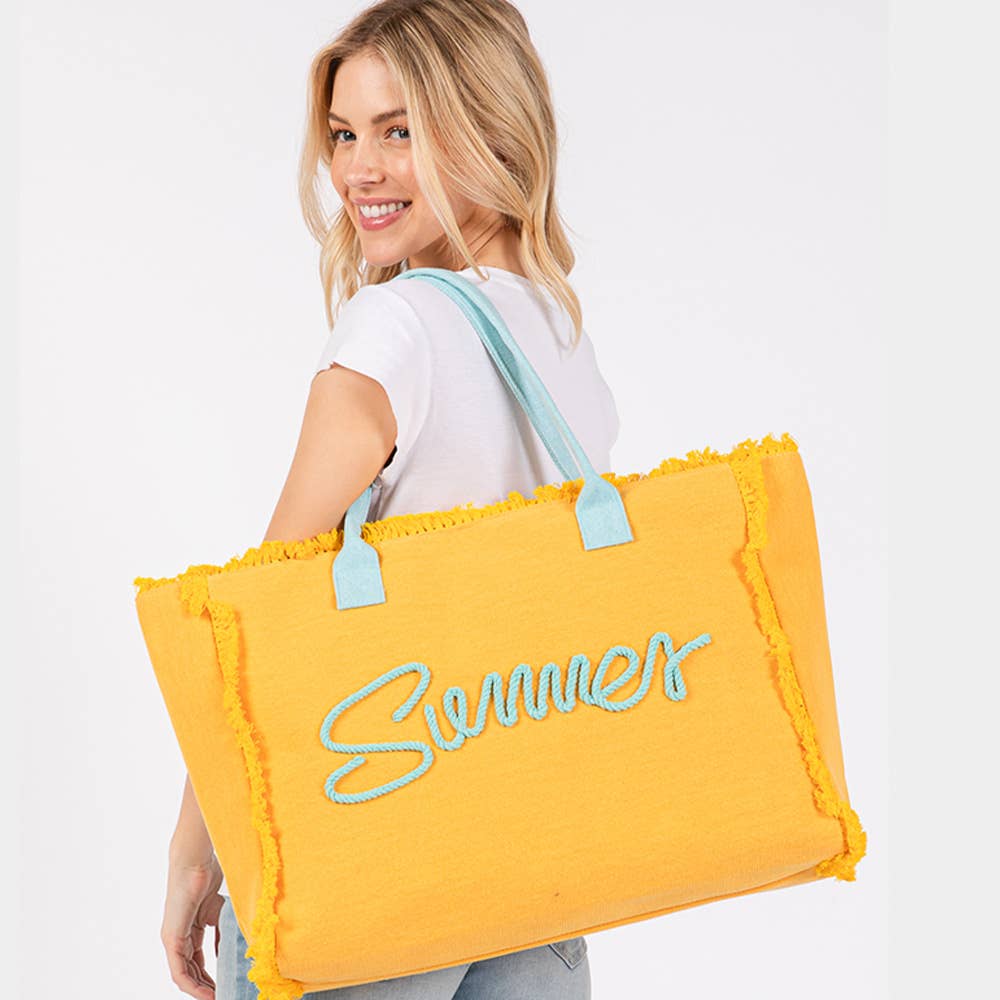 Sensibling Corp. - Venta al por mayor Bolsa de asa- Mujer - Bolso de playa de lona con flecos y mensaje bordado SUMMER3