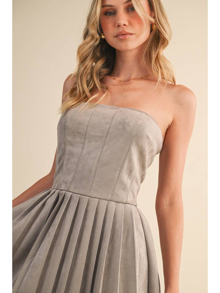 Klesis - Wholesale Dress - Women's - ID9415 SUEDE PLEATED SKIRT STRAPLES MINI DRESS14