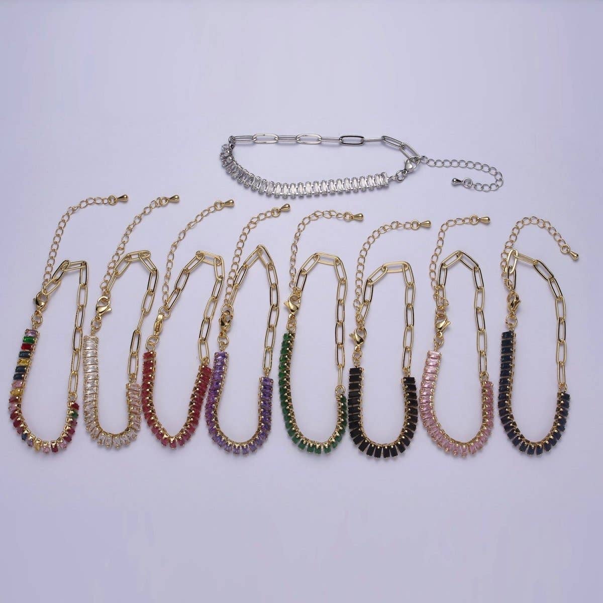 Aim Eternal - Venta al por mayor Pulseras de tenis - Pulsera delicada de media baguette y medio clip de papel, chapada en oro, pulsera de tenis, pulsera de fusión de circonita cúbica | Precios de liquidación de WA-839 a WA-8521